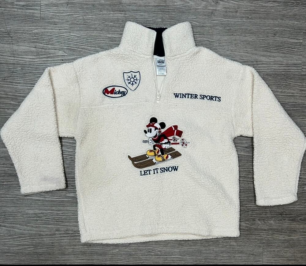 Vintage Disney Mickey Mouse Winter Sport Sherpa Fleece 1/4 Zip Pullover Jacket M